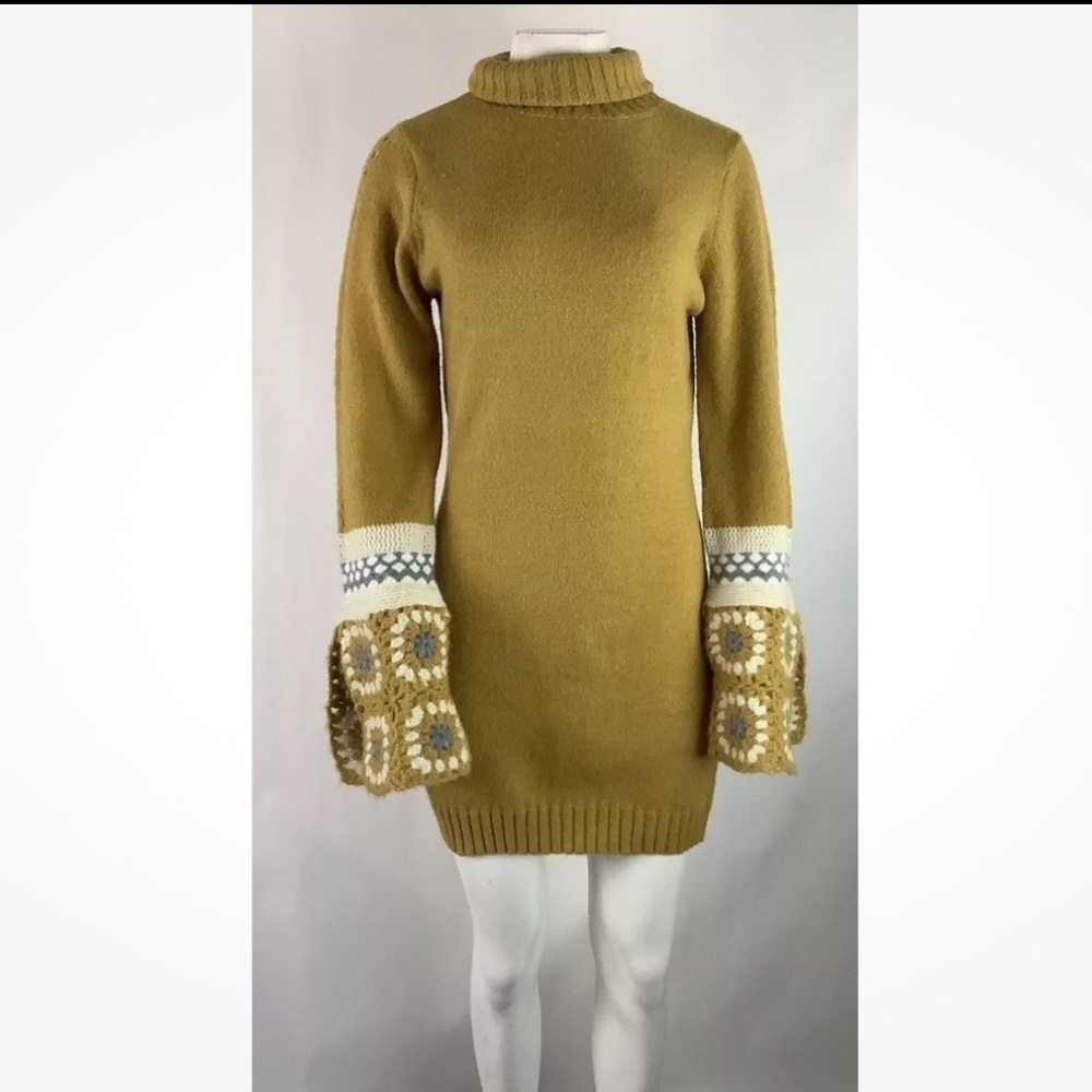Lulus Sz S Its Groovy Crochet Arm Sweater Dress Mustard Yellow Acrylic Retro